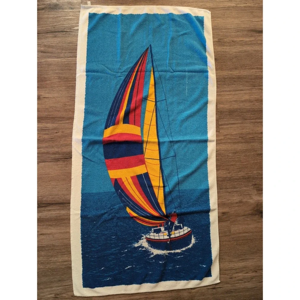 Vintage Cannon Sailboat Beach Towel Retro Graphic Nautical Terry Cloth Cotton